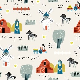 seamless pattern with house, trees, horses, mills and floral. europe nature landscape concept. perfect for kids fabric, textile, nursery wallpaper. seamless landscape.