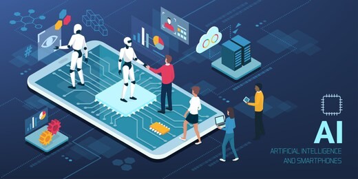 human-ai interaction: people meeting android robots on a smartphone with ai processor, artificial intelligence and human computer interaction concept