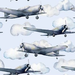 watercolor seamless pattern with airplane and clouds. hand painted sky illustration with propeller plane isolated on pastel blue background. for design, prints, fabric or background