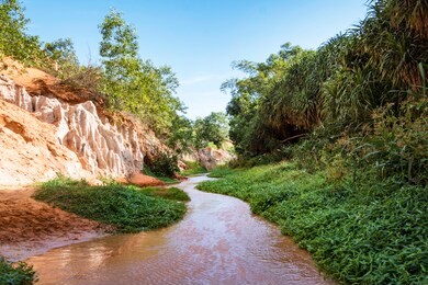 phan tiet, vietnam. fairy stream canyon, mui ne, vietnam, southeast asia. beautiful scenic landscape with red river, sand dunes and jungle. tropical oasis scenery. - image