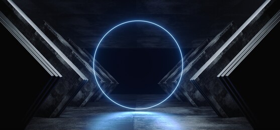 hallway circle portal futuristic laser neon glowing blue sci fi dark empty spaceship alien corridor tunnel reflective concrete grunge vibrant virtual reality modern hall underground 3d rendering 