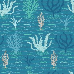 hand drawn coral reef ocean sealife seamless pattern. tropical marine vector illustration. under the sea water background. nautical beach textiles, coastal kids fashion all over prints. turquoise blue