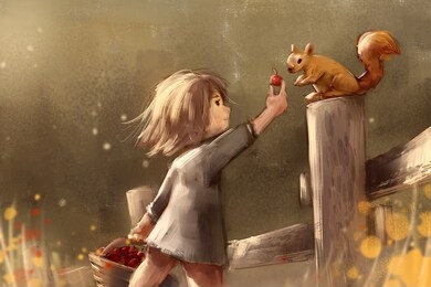 digital painting of cute girl feeding squirrel in autumn park, acrylic on canvas texture, story telling illustration