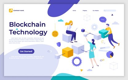 landing page template with people and cubic blocks connected into chain. blockchain technology, cryptocurrency or crypto coin mining. modern flat vector illustration for advertisement, promotion.