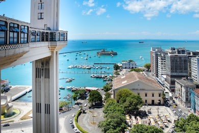 salvador brazil city skyline view with mercado modelo and bay of all saints(baia de todos os santos). fort san marcelo and elevador lacerda.