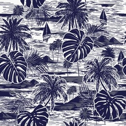monotone vector hand drawn on navy blue seamless island pattern on white background. landscape with palm trees,beach and ocean vector 