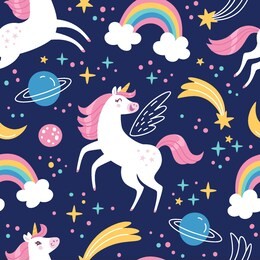 unicorn pattern. vector seamless pattern with white unicorns, rainbow and stars. isolated on dark blue background.