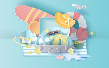 illustration of summer season sunset with suitcase concept,travel for swimming decoration. holiday for equipment playing relax. graphic paper cut and craft style idea. pastel color. vector.eps10