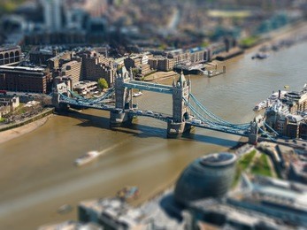 tower bridge and london city hall aerial view, tilt-shift effect, england, uk