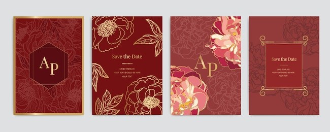 chinese wedding invitation, floral invite thank you, rsvp modern card design in golden and red peony with leaf greenery  branches decorative vector elegant rustic template