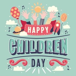 children's day hand lettering vector background. happy children's day. happy children's day colorful card with children's hands balloon sun - vector illustration