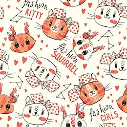 seamless pattern with faces of cats and squirrel. fashion girls. kawaii animal. vector illustration.