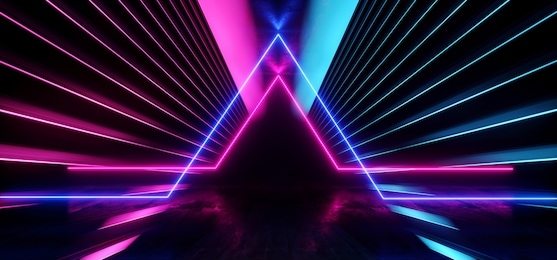 psychedelic abstract futuristic neon fluorescent sci fi vibrant purple blue glow laser showcase stage dark room retro modern virtual background spaceship corridor tunnel shapes 3d rendering 