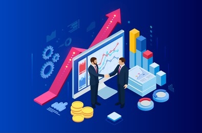 isometric successful business collaboration. businessmen shaking hands. b2b. data and key performance indicators for business intelligence analytics