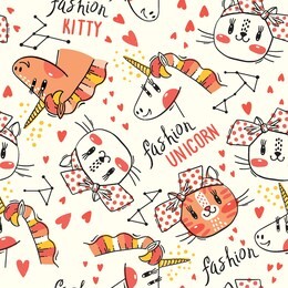 seamless pattern with faces of cats and rainbow unicorn. fashion kawaii animal. vector illustration.