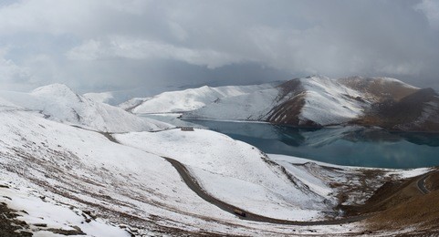 detail of the yamdrok lake on the friendship road in tibet with snow on the mountains