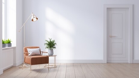 modern mid century and minimalist interior of living room ,leather armchair with table on white wall and wood floor ,3d render