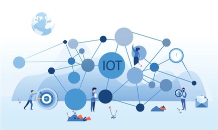 internet of things , iot, network, everything connectivity device concept, business with internet, with small people around. vector illustration for web, print, presentation.