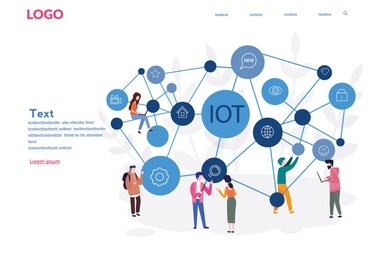 internet of things , iot, network, everything connectivity device concept, business with internet, with small people around. vector illustration for web, print, presentation.