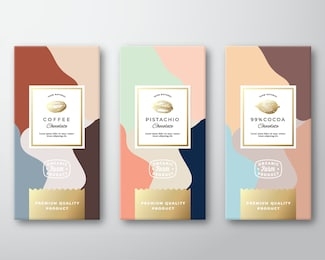 coffee, cocoa and pistachio chocolate labels set. abstract vector packaging design layout with realistic shadows. modern typography, hand drawn beans and nut silhouettes, colorful background. isolated
