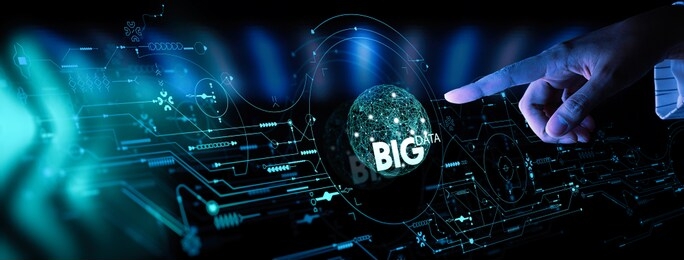 big data world and globe icon ui with hand selecting and pressing big data symbol and modern interface.