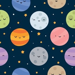 space seamless pattern with planets and stars. doodle cartoon cute planet smiling face. vector background
