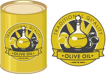label for olive oil decorated by decanter with oil and olive twigs with green and black olives in retro style. vector illustration of label and tin can with this label.