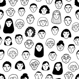 seamless pattern with faces of different people on white background. doodle hand drawn illustration of diverse crowd of people.