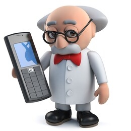 render of a 3d crazy mad scientist character holding a cellphone