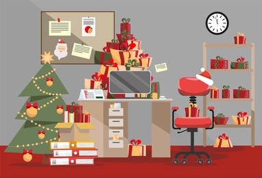 santa claus office with mountain of gifts. piles of present boxes with ribbons and stack of documents lie on table, floor, shelf. interior of room is decorated with christmas tree. flat cartoon