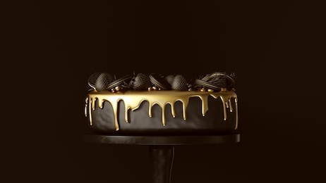 big black and gold luxury cake with strawberries and round biscuits 3d illustration 3d render