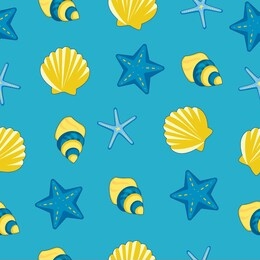 seamless pattern on the marine theme, starfish and shells on a blue background.
