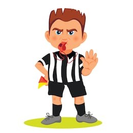 whistling soccer referee showing stopping hand during match, human character vector illustration. sport cartoon design, football arbitrator with red and yellow cards in hand