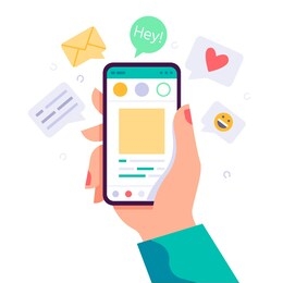 female hand holding phone with message, icons and emoji. communication concept on white background. social networking concept. vector flat cartoon illustration for web sites and banners design