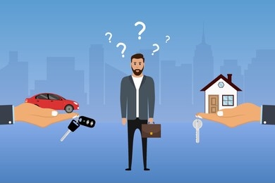 man makes a choice between a car and a house. businessman chooses investing options. buyer decides what to buy. vector illustration.