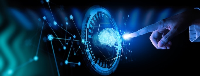 artificial intelligence (ai) with machine deep learning and data mining and another modern computer technologies ui by hand touching low poly icon.