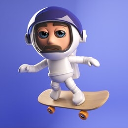 a rendered image of an astronaut spaceman in 3d riding on a skateboard in space