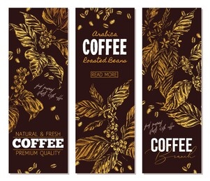 set of vector coffee vertical banners with tree, branches, leaves. golden templates of design. sketch hand drawn illustration for business or menu