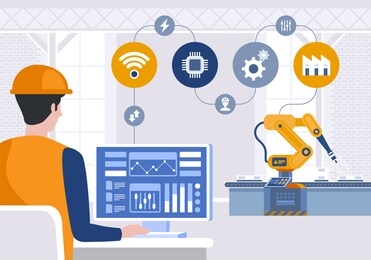 engineer using computer to control robotic arm on smart factory. industry 4.0 concept. vector illustration