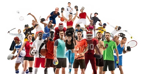 sport collage made of different photos of 20 models. tennis, running, badminton, soccer and american football, basketball, handball, volleyball, boxing, mma fighter and rugby players.