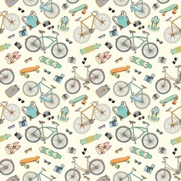 seamless pattern with bicycles, boards and accessories 2