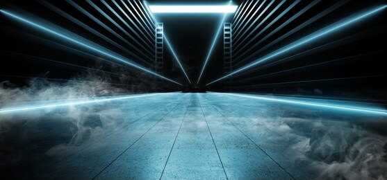 stage psychedelic sci fi smoke neon laser spaceship future dark corridor glowing blue concrete grunge hallway vibrant fluorescent space underground garage 3d rendering illustration