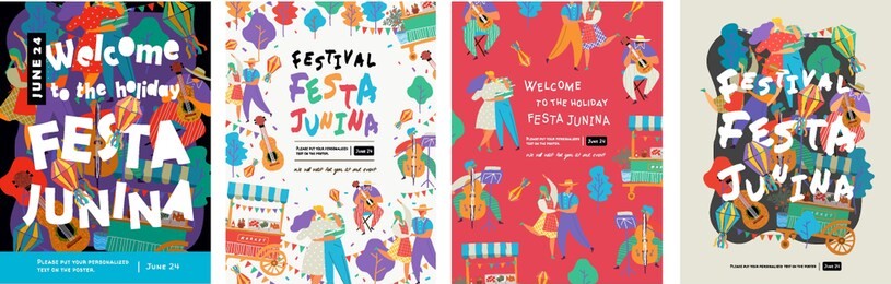 festa junina, vector illustrations for poster, abstract banner, background or card for the brazilian holiday, festival, party and event, drawings of dancing cheerful people, musicians and shops