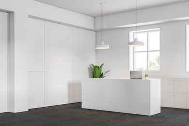 office interior with white walls, carpeted floor and white reception desk with computer near file cabinets. 3d rendering