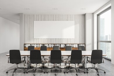 interior of office board room with white wooden walls, long white meeting table with black chairs and wooden cabinets with folders. horizontal mock up poster. 3d rendering