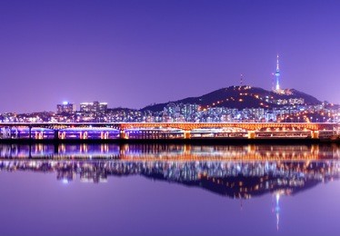 namsan mountain and seoul tower with reflections.
