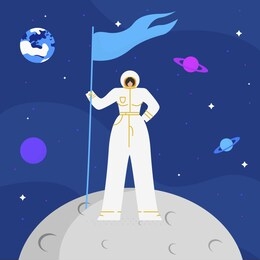 female astronaut on mood flat vector illustration. woman in space suit cartoon character. young lady holding flag. interstellar travel, cosmos exploration. cosmonaut profession, astronomy