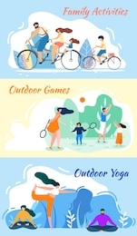 family activities. outdoor games. yoga practice banner set. cartoon man and woman meditate. asana training. parent children play badminton, ride bycicle summer travel vector illustration