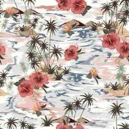 vintage beautiful seamless island pattern landscape with palm treeshibicus,flowers,beach and ocean vector hand drawn style on light beige color background.