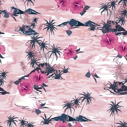 monotone vintage pink of beautiful island summer paradise with blooming hibiscus flowers,palm tree and exotic plants design for all prints on retro pink backgrond color